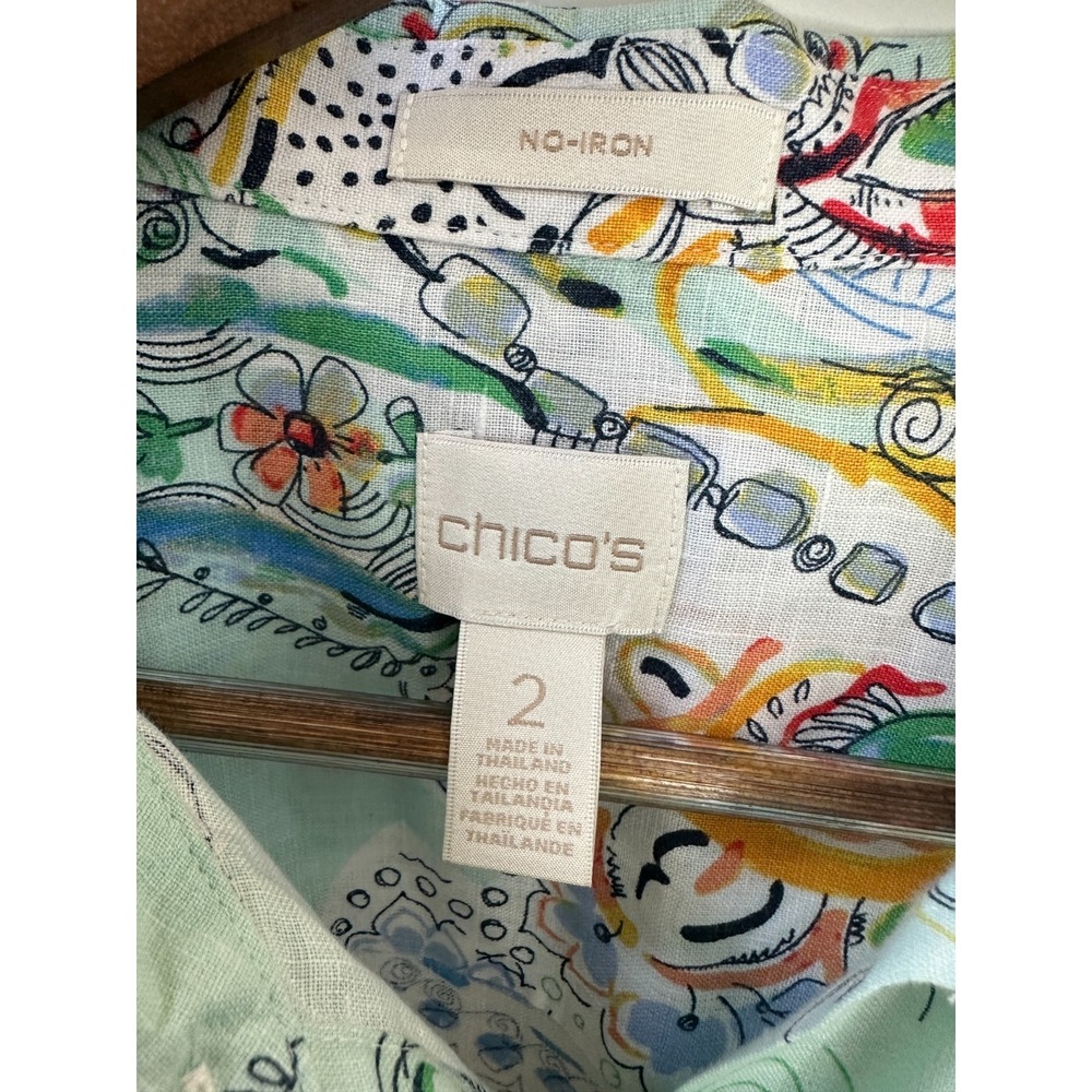 Chicos Effortless Linen Whimsy No-Iron Paisley Button Down Shirt Size 2 Large 12 - Picture 7 of 10